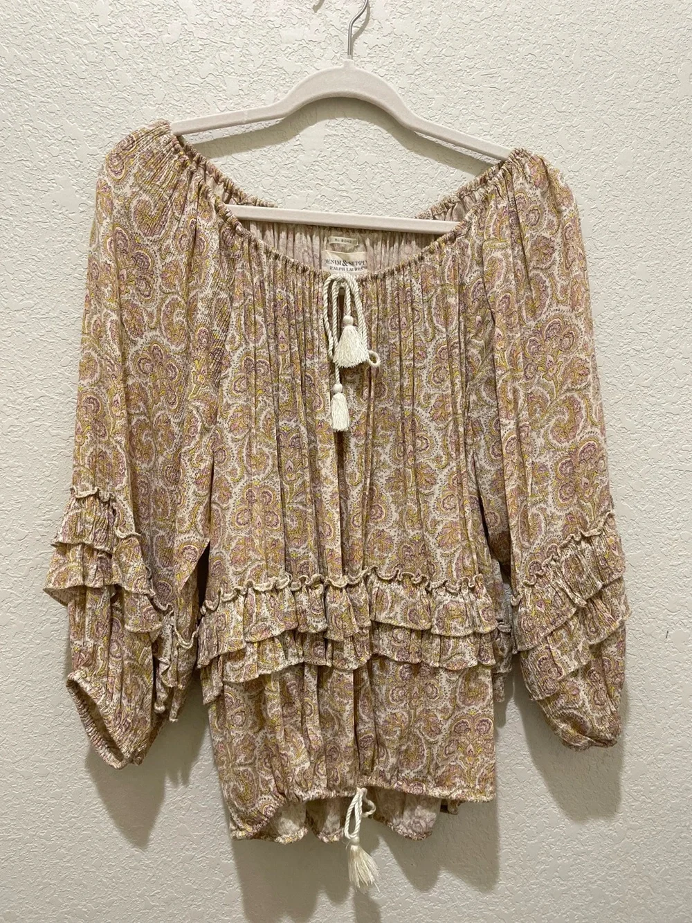Ralph Lauren Denim & Supply Beige Paisley Tassel Tie-Neck Ruffle Blouse - Picture 2 of 6